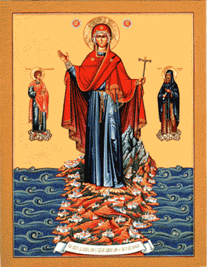 Афонская икона Божией Матери с предстоящими ей св. Пантелеимоном и преп. Силуаном на Афонском подворье в Москве