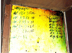 Надписи на торцевой стене стеллажей в монастырском магазине